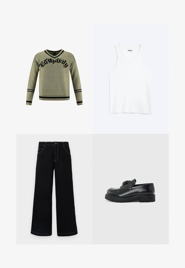 Suéter de punto verde con un logo gráfico negro "Ed Hardy", diseño de escote en V y acentos a rayas negras en los puños y el dobladillo.; Camiseta sin mangas blanca con cuello redondo y etiqueta de la marca Weekday en el interior del cuello trasero, mostrada plana sobre un fondo claro.; Pantalones de mezclilla negros de pierna ancha, con cierre de botón, cinco bolsillos y costuras en contraste de color blanco a lo largo de las costuras.; Mocasín de cuero negro con borlas, suela de caucho gruesa y tacón bajo, mostrado de perfil sobre un fondo liso.