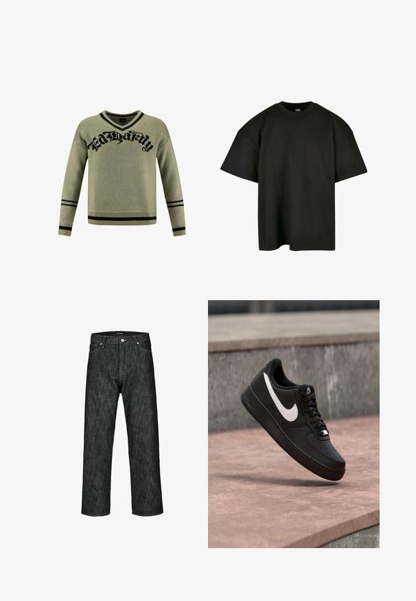 Grøn strikket sweater med et sort grafisk "Ed Hardy" logo, V-hals design og sorte striber på manchetterne og kanten.; Sort oversized t-shirt i blød bomuld. Har en rund crew neckline og korte ærmer, med en glat tekstur og minimalistisk design.; Mørk denimjeans med lige ben, der har kontrasterende syninger, en forlommer og en knaplukning i taljen.; Sort Nike Air Force 1-sneaker med hvid swoosh-logo, svævende over en stenovertflade med en grå tekstureret væg i baggrunden.