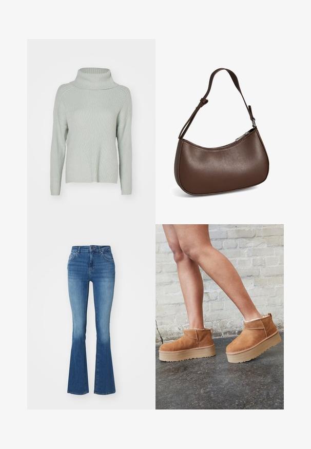 ONLY ONLKATIA SADDLE ROLL NECK - Džemper - aqua gray melange; Heledad kõrge vöökohaga flared teksad helesinisest denimist, millel on sile tekstuur, lukuga ja nööbiga ees, ning kaks esi taskut.; Pruunist seemsest valmistatud pahkluu saapad, millel on pehme vooder, paks beež platvormi konts ja tagumine tõmblukk. Tekstureeritud pind nähtavate õmbluse detailidega.; Väike pruunist nahast õlakott reguleeritava rihma ja tõmblukuga, näidatud valgel taustal. Nähtavat kaubamärki ega kaunistusi pole.