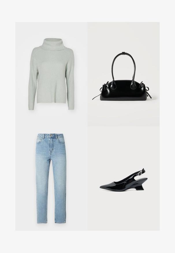 ONLY ONLKATIA SADDLE ROLL NECK - Πουλόβερ - aqua gray melange; Τζιν παντελόνι βαμβακερό σε ανοιχτό μπλε με ίσια γραμμή, πέντε τσέπες, κλείσιμο με μεταλλικό κουμπί και διακριτικές λεπτομέρειες φθοράς στο μπροστινό μέρος.; Μαύρο παπούτσι slingback από πατενταρισμένο δέρμα με μυτερή μύτη και χαμηλό κεκλιμένο τακούνι τύπου block σε απλό φωτεινό φόντο.; Μικρή μαύρη γυαλιστερή τσάντα με δύο μακριές λαβές και λεπτομέρειες με ρυθμιζόμενο κορδόνι στο πλάι σε απλό ανοιχτό φόντο.
