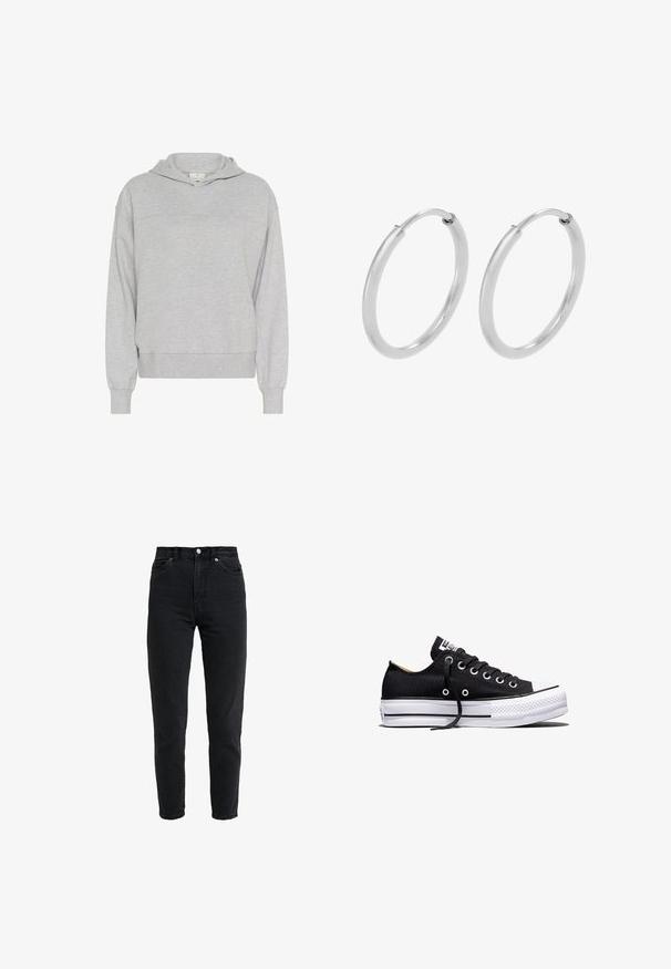 Kaffe KALIV - Sweat à capuche - grey melange; Jean en denim noir taille haute avec bouton et fermeture éclair à l'avant, deux poches avant et jambe fuselée sur fond blanc.; Baskets basses en toile noire avec semelle plateforme en caoutchouc blanche, lacets noirs et œillets métalliques sur fond blanc.; Boucles d'oreilles en argent, de forme circulaire, avec une texture lisse et brillante, et une largeur constante. Design minimaliste sans accents supplémentaires.