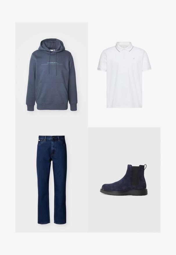 Dunkelblaue Baumwollkapuzenjacke mit einer vorderen Tasche, Kordelzugkapuze und "Calvin Klein Jeans" Schriftzug auf der Brust. Glatte Textur.; Weißes Poloshirt mit kurzen Ärmeln, Zwei-Knopf-Leiste, grauem Besatz an Kragen und Bündchen sowie kleinem auf der Brust aufgesticktem "ck"-Logo.; Dunkelblaue, gerade geschnittene Jeans aus Denim, mit klassischem Fünf-Taschen-Design, dezenter Nahtführung und vorderer Knopfverschluss.; Marineblauer Wildleder Chelsea-Stiefel mit elastischen Seitenteilen und einer Zuglasche. Schwarze Gummisohle mit strukturierter Oberfläche für Grip und Langlebigkeit.