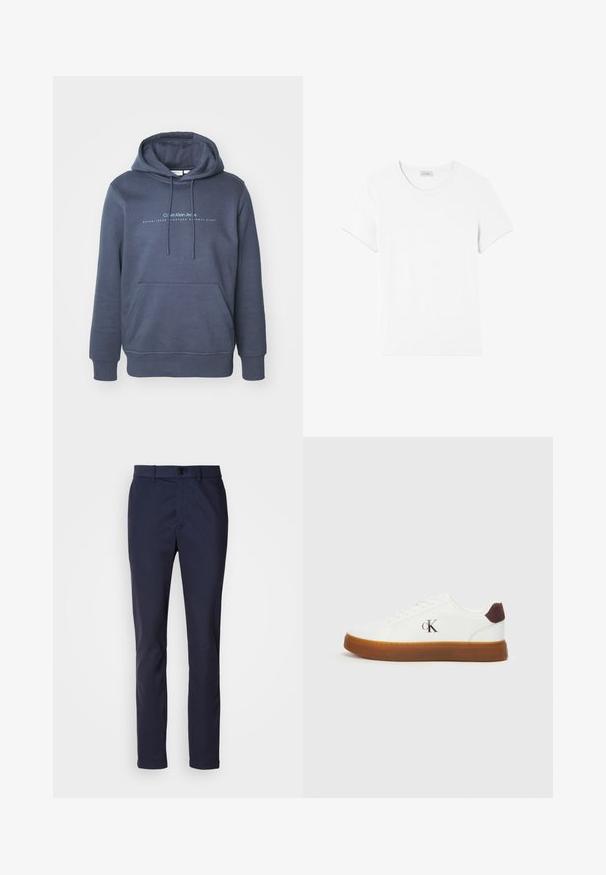 Námornícky modrý bavlnený mikina s prednou vreckom, kapucňou so šnúrkami a textovou grafikou "Calvin Klein Jeans" na hrudi. Hladká textúra.; American Vintage GAMIPY - Základné tričko - blanc; Námornícky modré bavlnené nohavice so strihom rovného strihu, jedným gombíkom na uzavretie a pútkami na opasok. Majú hladkú textúru a minimálne zdobenie.; Biele tenisky s gumovou podrážkou, plochými šnúrkami a hnedým semišovým akcentom na päte. Obsahujú jemne vyrazené logo "cK" na boku.