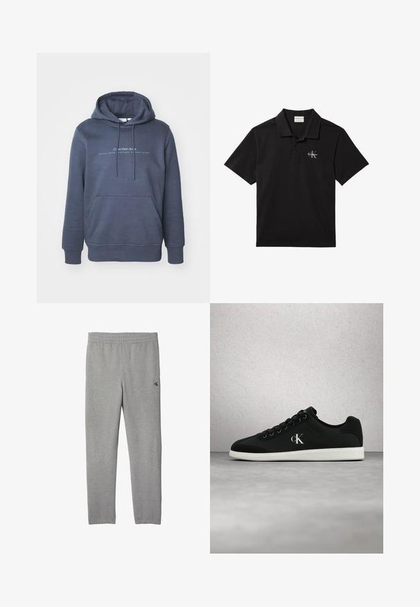 Dunkelblaue Baumwollkapuzenjacke mit einer vorderen Tasche, Kordelzugkapuze und "Calvin Klein Jeans" Schriftzug auf der Brust. Glatte Textur.; Schwarzes Poloshirt mit kurzen Ärmeln, Kragen und Knöpfen, mit einem kleinen weißen Calvin Klein Logo auf der linken Brust.; Hellgraue Sweatpants mit elastischem Bund, kleinem schwarzem "cK"-Logo am oberen Oberschenkel, geraden Beinen und elastischen Bündchen an den Knöcheln.; Schwarzer Sneaker mit glatter Textur, weißer Sohle und Schnürdesign. Verfügt über ein dezentes Logo an der Seite und eine abgerundete Zehenpartie.