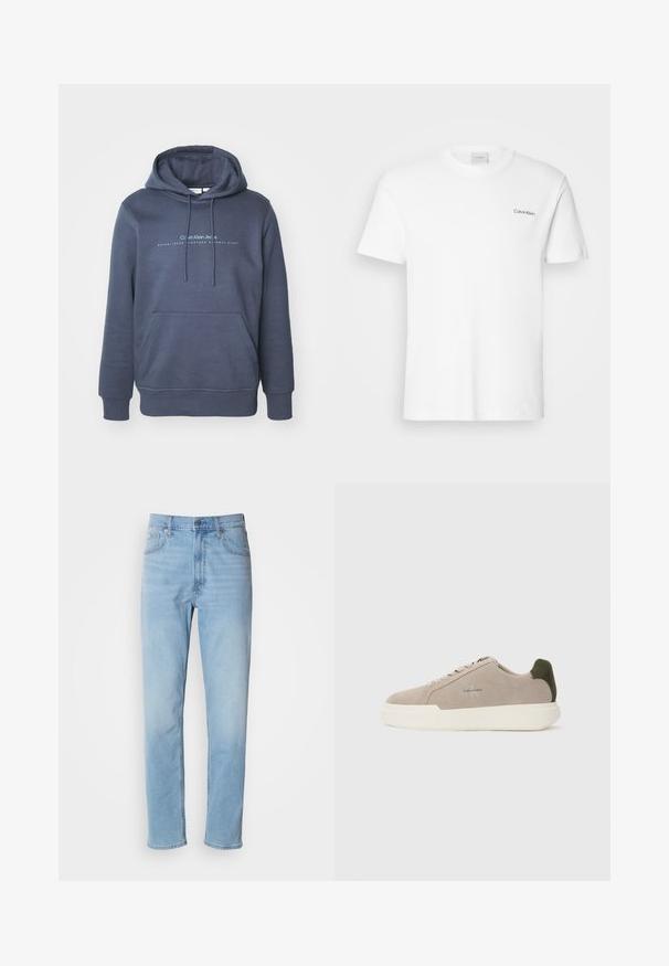 Dunkelblaue Baumwollkapuzenjacke mit einer vorderen Tasche, Kordelzugkapuze und "Calvin Klein Jeans" Schriftzug auf der Brust. Glatte Textur.; Weißes Baumwoll-T-Shirt mit kurzen Ärmeln und Rundhalsausschnitt. Mit einem kleinen schwarzen "Calvin Klein"-Logo auf der linken Brust.; Hellblaue Jeans mit geradem Schnitt, fünf Taschen und Gürtelschlaufen. Der Stoff hat eine glatte Textur mit einem leichten Verblassungseffekt.; Beige Wildledersneaker mit einer weißen Gummisohle, die einen dunkelgrünen Akzent an der Ferse und dezente Markenaufschrift an der Seite aufweisen.