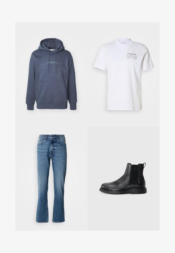 Navyblauwe katoenen hoodie met een voorke pocket, een capuchon met trekkoord en een grafische tekst "Calvin Klein Jeans" op de borst. Gladde textuur.; Witte katoenen t-shirt met korte mouwen, een ronde hals en bedrukte tekst: "Calvin Klein 205 WEST 39TH STREET NEW YORK CITY 10018."; Lichtblauwe denim jeans met een rechte snit en een lichte flare. Beschikt over vijf zakken, een knoopsluiting en subtiele wassingdetails.; Zwarte leren Chelsea boots met een gestructureerde afwerking, elastische zijpanelen en een stevige rubberen zool. Subtiele branding op de hiel.