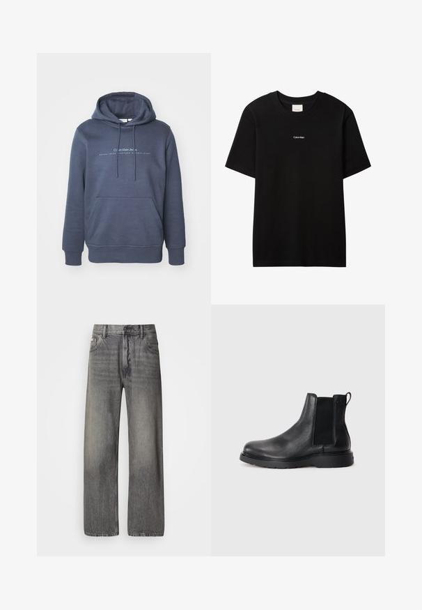 Dunkelblaue Baumwollkapuzenjacke mit einer vorderen Tasche, Kordelzugkapuze und "Calvin Klein Jeans" Schriftzug auf der Brust. Glatte Textur.; Schwarzes Baumwoll-T-Shirt mit Rundhalsausschnitt und kurzen Ärmeln. Auf der Vorderseite befindet sich ein kleines weißes "Calvin Klein"-Logo. Glatte, klassische Passform.; Weit geschnittene Jeans aus dunkelgrauem Denim mit ausgewaschenem Finish. Verfügt über klassisches Fünf-Taschen-Design und Gürtelschlaufen.; Schwarze Leder-Chelsea-Boots mit strukturiertem Finish, elastischen seitlichen Einsätzen und einer robusten Gummisohle. Dezentes Branding an der Ferse.