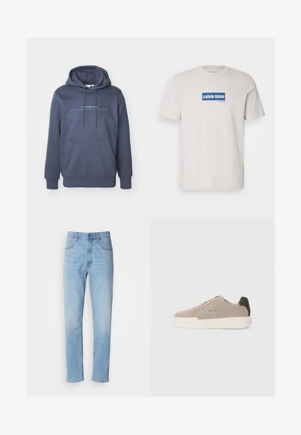 Navyblauwe katoenen hoodie met een voorke pocket, een capuchon met trekkoord en een grafische tekst "Calvin Klein Jeans" op de borst. Gladde textuur.; Witte katoenen t-shirt met een blauw rechthoekig logo met "calvin klein" en "new york city" in witte tekst op de voorkant. Klassieke pasvorm.; Lichtblauwe denim jeans met een rechte pasvorm, vijf zakken en riemlussen. De stof heeft een gladde textuur met een lichte vervaging.; Beige suède sneakers met een witte rubberen zool, voorzien van een donkergroene hielaccent en subtiele branding aan de zijkant.