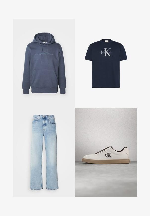Dunkelblaue Baumwollkapuzenjacke mit einer vorderen Tasche, Kordelzugkapuze und "Calvin Klein Jeans" Schriftzug auf der Brust. Glatte Textur.; Marineblaue kurzärmelige T-Shirt mit Calvin Klein-Logo, das große CK-Buchstaben und kleineren Text auf der Brust zeigt.; Helle blaue weite Jeans mit hoher Taille, in verwaschenem Finish, mit Gürtelschlaufen und klassischem Fünf-Taschen-Design. Der Saum ist ungesäumt.; Weißer Sneaker mit braunen Akzenten, Veloursledermaterial, flachen Schnürsenkeln und einer Gummisohle. Verfügt über ein Logo an der Seite und eine glatte Textur.
