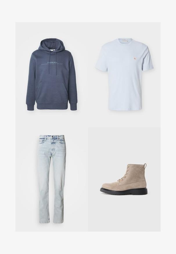Námornícky modrý bavlnený mikina s prednou vreckom, kapucňou so šnúrkami a textovou grafikou "Calvin Klein Jeans" na hrudi. Hladká textúra.; Svetlomodré tričko s krátkym rukávom vyrobené z vaflového úpletu, s okrúhlym výstrihom a malou červenou nášivkou s logom "CK" na ľavej strane hrudníka.; Svetlomodré rifľové nohavice s rovnakým strihom, opotrebovanou textúrou, dizajnom s piatimi vreckami a klasickým gombíkovým zapínaním v páse.; Béžové semišové členkové topánky s čiernou gumovou podrážkou, zaviazaním, malým embosovaným logom na boku a so stahovacím pásikom na zadnej strane.