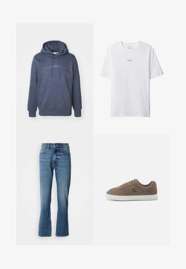 Námornícky modrý bavlnený mikina s prednou vreckom, kapucňou so šnúrkami a textovou grafikou "Calvin Klein Jeans" na hrudi. Hladká textúra.; Biele bavlnené tričko s okrúhlym výstrihom a krátkymi rukávmi. Na hrudi uprostred je malý čierny nápis "Calvin Klein".; Svetlo modré denimové rifle s rovnými nohavicami a jemným rozšírením. Majú päť vreciek, zapínanie na gombík a jemné detaily zohybovania.; Nízke tenisky z semišu v farbe taupe s béžovými šnúrkami, bielou gumovou podrážkou a nenápadným logom "cK" na boku.