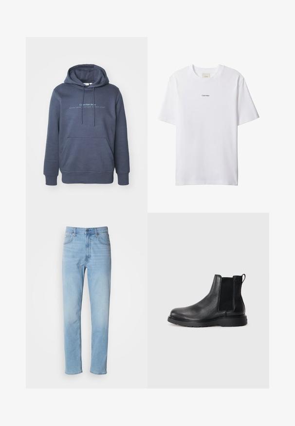 Dunkelblaue Baumwollkapuzenjacke mit einer vorderen Tasche, Kordelzugkapuze und "Calvin Klein Jeans" Schriftzug auf der Brust. Glatte Textur.; Weißes Baumwoll-T-Shirt mit Rundhalsausschnitt und kurzen Ärmeln. Auf der Brust zentriert befindet sich ein kleines schwarzes "Calvin Klein"-Logo.; Hellblaue Jeans mit geradem Schnitt, fünf Taschen und Gürtelschlaufen. Der Stoff hat eine glatte Textur mit einem leichten Verblassungseffekt.; Schwarze Leder-Chelsea-Boots mit strukturiertem Finish, elastischen seitlichen Einsätzen und einer robusten Gummisohle. Dezentes Branding an der Ferse.