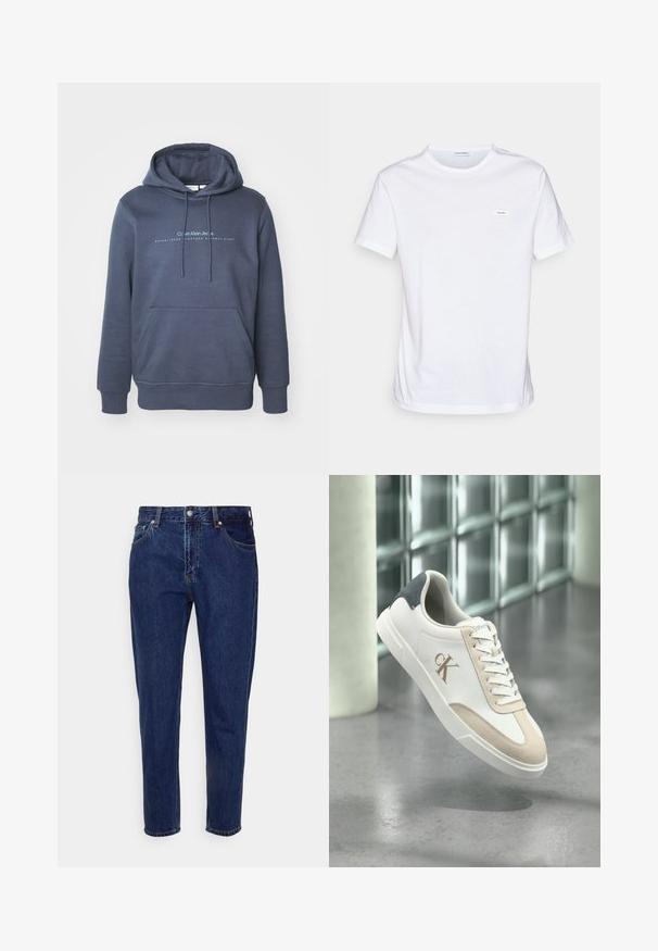 Námornícky modrý bavlnený mikina s prednou vreckom, kapucňou so šnúrkami a textovou grafikou "Calvin Klein Jeans" na hrudi. Hladká textúra.; Biely bavlnený tričko s krátkymi rukávmi, klasickým vykrojením a malou značkovou etikettou na hrudi. Hladká textúra a minimalistický dizajn.; Tmavomodré rifľové nohavice rovného strihu s predným zapínaním na gombík a zips, s pútkami na opasok a prednými aj zadnými vreckami.; Biela teniska s béžovými semišovými detailmi, čiernou pätnou záplatou, šnúrkami a logom "cK" na boku, ktorá visí nad sivou leštenou podlahou.