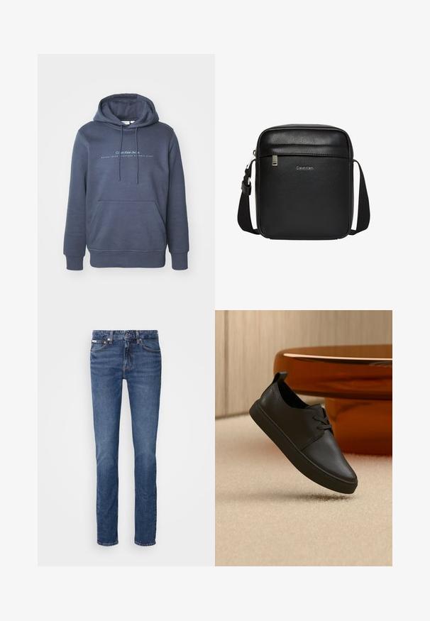 Tume sinine puuvillane dressipluus, millel on eesmine tasku, nööriga kapuuts ja "Calvin Klein Jeans" tekstigraafika rinnal. Sile tekstuur.; Sinine denimist teksapüksid otse jalaga disainiga, millel on klassikaline viie tasku paigutus ja vaskse detaljide rõhutused vöökohal ning taskutes.; Must nahast vabaajajalats nööridega, hõljumas beežil vaibal, taustal merevaigukarva ümarguse klaasist laua.; Must Calvin Kleini ristsõlakott reguleeritava rihmaga, ees lukuga tasku ja peene logoga tekstuurse nahkpinnaga.