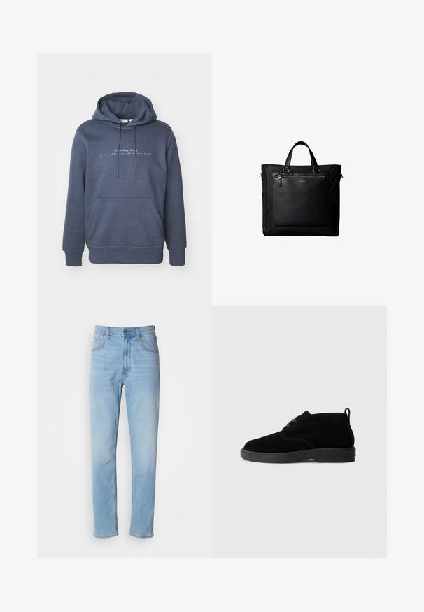 Námornícky modrý bavlnený mikina s prednou vreckom, kapucňou so šnúrkami a textovou grafikou "Calvin Klein Jeans" na hrudi. Hladká textúra.; Svetlomodré džíny z denimu so strihom rovného strihu, piatimi vreckami a pútkami na opasok. Textil má hladkú štruktúru s jemným efektom vyblednutia.; Čierne suede ankle boots s okrúhlou špičkou, šnurovacími detailmi, čiernou gumovou podrážkou a ťahacou slučkou na zadnej strane pre jednoduché obúvanie.; Čierna taška so dvojitými rukoväťami, veľkou koženou prednou vreckou so zipsom a jemným logom Calvin Klein v strede vrecka.
