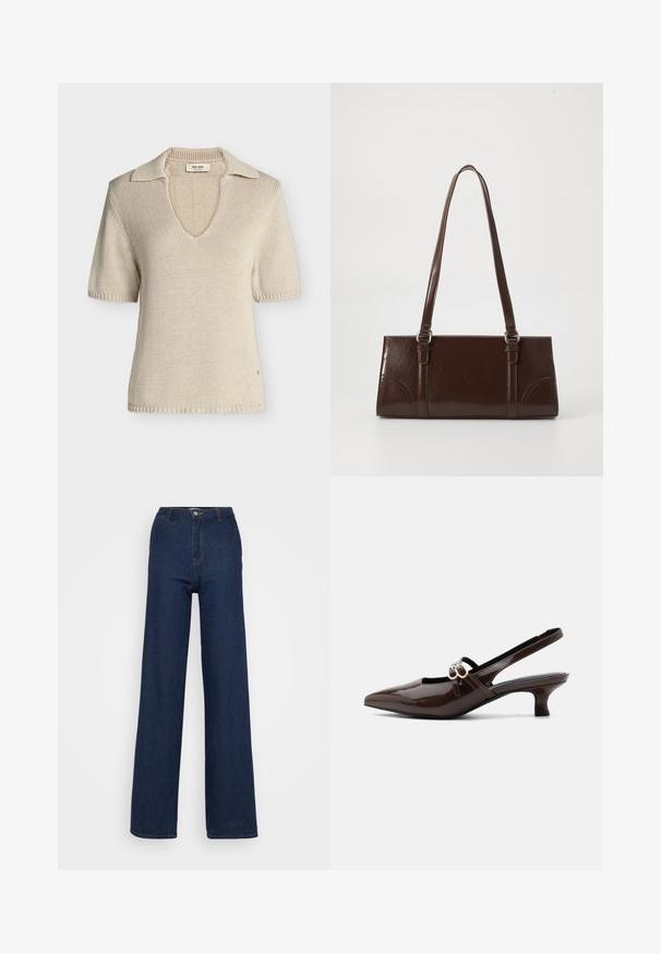 Haut en maille beige à manches courtes avec col en V et col ouvert, tissu texturé, petite étiquette de marque à l'intérieur de l'encolure.; Jean en denim bleu foncé à jambe large et taille haute, avec une fermeture à bouton sur le devant, des coutures discrètes et une texture lisse et robuste.; Marco Tozzi Escarpins - cinnamon; Sac à main en cuir verni marron de forme rectangulaire, avec deux longues poignées et des accents courbés subtils à l'avant.