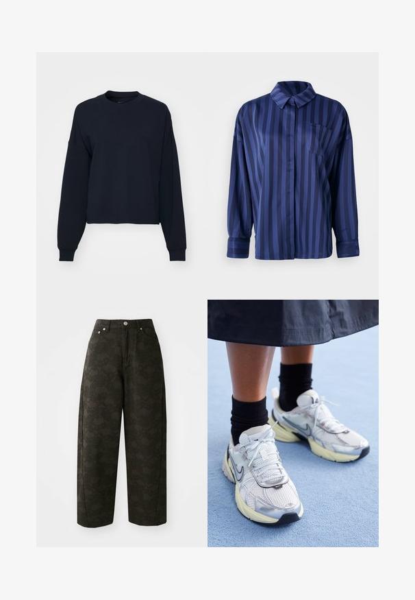 Mørkeblå sweatshirt med lange ærmer, rund hals og cropped pasform. Lavet af blødt stof med ribbede manchetter og kant.; Mørkeblå stribet skjorte med krave, brystlomme og lange ærmer. Lavet af et glat, skinnende stof med en løs pasform.; Mørkegrønne vide bukser har et tekstureret blomsterdesign, fem lommer og metalknaplukninger i taljen.; Hvide og sølv Nike sneakers med mesh-stof, reflekterende detaljer og en beige sål. Bæres med sorte sokker og står på en blå overflade.