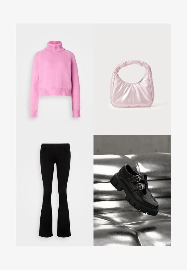 Vero Moda Tall VMMIRANDA - Pullover - fuchsia pink; Jean noir évasé en tissu extensible avec un haut ajusté et des jambes larges. Présente une fermeture à boutons à l'avant et des poches latérales. Texture lisse.; Chaussure noire à semelle épaisse avec double boucle argentée flottant au-dessus d'une surface matelassée argentée métallique brillante.; Sac à main rose rembourré avec un design arrondi, fabriqué à partir d'un matériau brillant. Dispose d'une poignée froncée et d'une fermeture éclair pour un accès sécurisé.