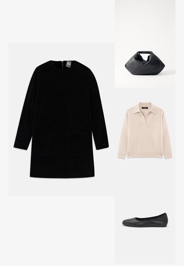 Beige strikket sweater med V-udskæring og ribbet krave. Har lange ærmer og ribbet kant. Blød tekstur.; Sort fløjlskjole med lange ærmer, høj halsudskæring og to forlommer. Har en baglynlås til lukning og tekstureret stof.; Sort læderballetsko med rund tå, glat tekstur, minimal syning og et fleksibelt såldesign.; Sort lædertaske med en struktureret overflade, unik krøllet form og et kort håndtag. Har et enkelt hovedrum.