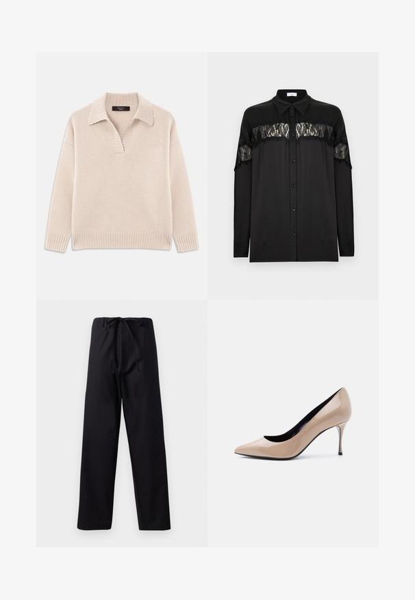 Beige strikket sweater med V-udskæring og ribbet krave. Har lange ærmer og ribbet kant. Blød tekstur.; Sort langærmet bluse med knapper, lavet af gennemsigtige blonder på brystet og overarmene, med spids krave og knaplukning.; Sorte, mellemvægtige bukser med snøre i taljen, lige ben design og ingen synlige mønstre eller accenter. Glat tekstur.; Beige laklæder peep-toe højhælet sko med smal stilet-hæl og sort inderfor på hvid baggrund.