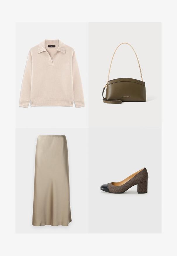 Pull en beige tricoté avec un col en V et un col côtelé. Il possède des manches longues et un ourlet côtelé. Texture douce.; Jupe midi en satin beige clair avec une taille élastique, texture lisse et forme évasée. Aucun motif ou matériel visible.; Escarpin à talon haut marron à motifs avec un bout rond noir et un talon carré, présentant une texture lisse semblable à du cuir.; Sac à main Michael Kors vert olive avec bandoulière en chaîne dorée, dessus courbé et petit logo doré sur le devant, présenté sur fond blanc.