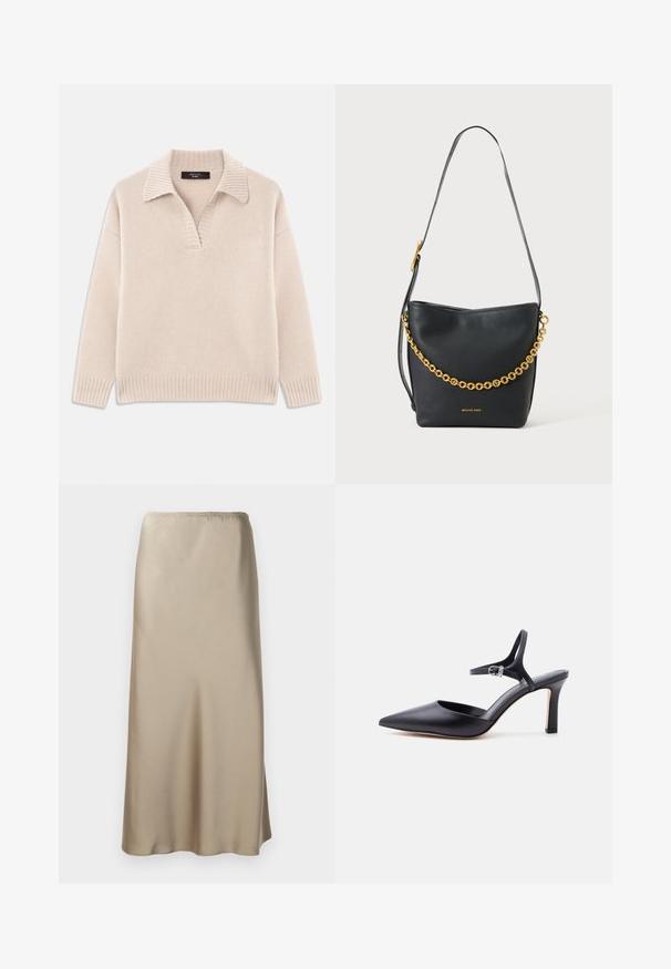 Beige strikket sweater med V-udskæring og ribbet krave. Har lange ærmer og ribbet kant. Blød tekstur.; Satin midi nederdel i lys beige med elastisk talje, glat tekstur og en flydende A-form. Ingen synlige mønstre eller hardware.; Sort spids højhælet sko med tynd ankelrem og sølvspænde, glat læderfinish, elegant damesko.; Sort skuldertaske i læder med bred strop og dekorativ guldkæde, med lille gyldent logo foran.