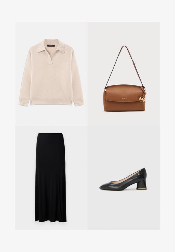 Beige strikket sweater med V-udskæring og ribbet krave. Har lange ærmer og ribbet kant. Blød tekstur.; Sort maxiskirt lavet af et glat stof, med en sideslids, elastisk talje og lige snit for et minimalistisk design.; Sort læderpumpe med spids tå, rundet blokhæl med gulddetalje og glat tekstur. Foret inderside. Simpelt design.; Brun skuldertaske i læder med klaplukning, tynd strop og rund gylden Michael Kors-logo vedhæng hængende fra siden.