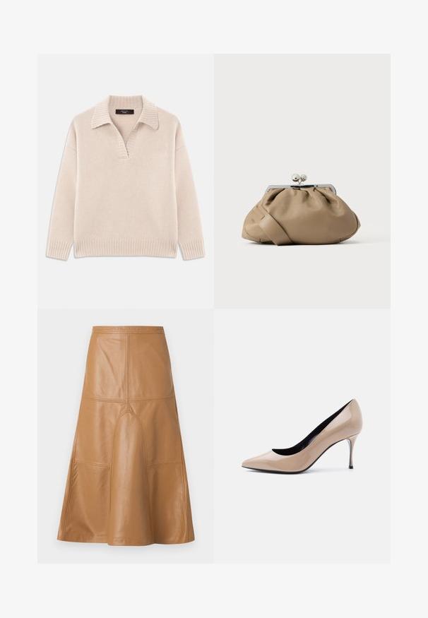 Beige strikket sweater med V-udskæring og ribbet krave. Har lange ærmer og ribbet kant. Blød tekstur.; Brun nederdel i imiteret læder i A-form, midi-længde, med synlige sømdetaljer og let udvidelse ved kanten, vist mod en ensfarvet baggrund.; Beige laklæder peep-toe højhælet sko med smal stilet-hæl og sort inderfor på hvid baggrund.; Tanfarvet læderhåndtaske med et samlet design og en sølvfarvet lås. Har en slank, flad rem og en glat tekstur.