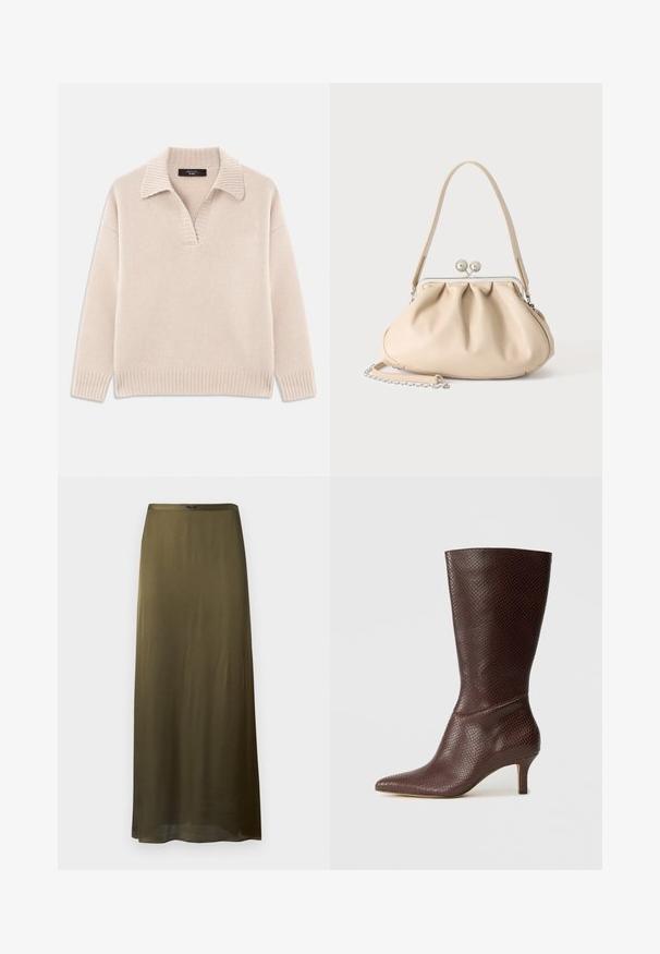 Beige strikket sweater med V-udskæring og ribbet krave. Har lange ærmer og ribbet kant. Blød tekstur.; Olivengrøn nederdel, gulvlængde, i et glat, let stof med en diskret glans. Har en simpel elastik i taljen og ingen synlige mønstre.; Brune faux læder ankelstøvle med spids tå, tekstureret slangeprint og en 5 cm hæl, der har et slankt og strømlinet design.; Beige blød læderhåndtaske med en sølv metalramme-lukning, enkelt skulderstrop og en valgfri kæderem på en hvid baggrund.