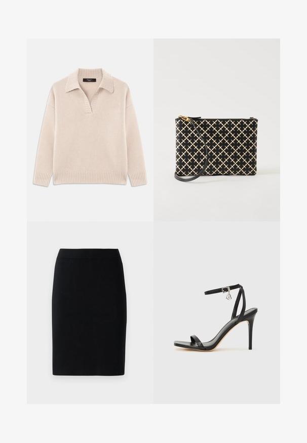 Beige strikket sweater med V-udskæring og ribbet krave. Har lange ærmer og ribbet kant. Blød tekstur.; Sort knælængde blyantskirt med elastisk talje mod en ensfarvet hvid baggrund.; Sort hæl-sandal med smal ankrem, firkantet tå-boks, glat lædermateriale og metalspænde som pynt.; Sort og beige mønstret håndleds clutch med en guldfarvet lynlås og aftagelig sort rem, vist på en hvid baggrund.