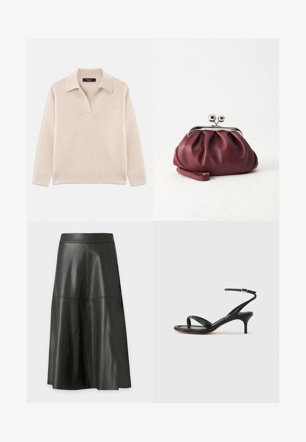 Beige strikket sweater med V-udskæring og ribbet krave. Har lange ærmer og ribbet kant. Blød tekstur.; Sort A-formet midinederdel i kunstlæder med synlige lodrette og vandrette syninger.; Sort damesandal i læder med tynde remme, en tå-loop, ankelspænde og en mellemhøj stiletthæl på en neutral baggrund.; Lille bordeauxlæder clutch-pung med sølv metal lukning og håndledsrem på hvid baggrund.