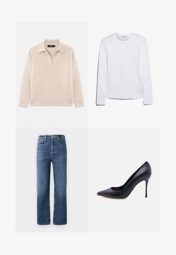 Beige strikket sweater med V-udskæring og ribbet krave. Har lange ærmer og ribbet kant. Blød tekstur.; Langærmet hvid T-shirt lavet af ribbet bomuld, med rund halsudskæring og lige kant. Simpelt design uden mønstre eller accenter.; Høj talje denim jeans i blå, med lige ben, fem lommer og hardware i kobberfarve. Glat tekstur og klassisk design.; Sort læderpump med spids tå og høje stiletter på en ensfarvet lys baggrund.