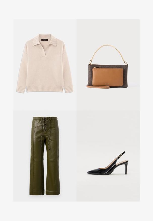 Pull en beige tricoté avec un col en V et un col côtelé. Il possède des manches longues et un ourlet côtelé. Texture douce.; Pantalons larges en cuir vert olive avec une finition texturée, dotés d'un devant à lacets et de solides accents en métal noir.; Pompe slingback en cuir verni noir avec un bout pointu, un talon fin et un design de découpes subtil. Elle dispose d'une boucle dorée sur la sangle.; MICHAEL Michael Kors JET SET MD PCKT CONV XBODY - Sac à main - brown