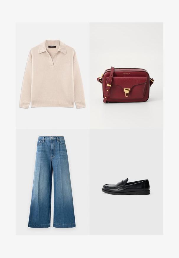 Pull en beige tricoté avec un col en V et un col côtelé. Il possède des manches longues et un ourlet côtelé. Texture douce.; Jeans en denim bleu taille haute et à jambe large avec un bouton à l'avant, une fermeture éclair et des détails de décoloration subtile sur les jambes.; Mocassins en cuir noir avec un design d'accent cousu, bout rond, semelle plate en caoutchouc et finition lisse. Silhouette classique et polyvalente.; Sac en bandoulière en cuir bordeaux avec une finition texturée, fermeture éclair, quincaillerie dorée, et une poche avant avec un fermoir.