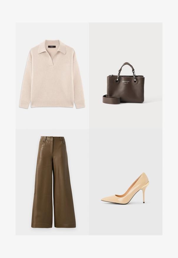 Beige strikket sweater med V-udskæring og ribbet krave. Har lange ærmer og ribbet kant. Blød tekstur.; Breddebenede bukser lavet af glat, brun kunstlæder. Har højt talje, fire lommer og en lynlås foran. Flad tekstur og minimalistisk design.; Beige laklæder pumps med høje hæle, spids tå og slank stiletthæl, med en lille guldaccent bagpå.; Mørkebrun læderhåndtaske med korte håndtag, en aftagelig rem og sølvfarvet Emporio Armani Milano 1981-logo på forsiden.