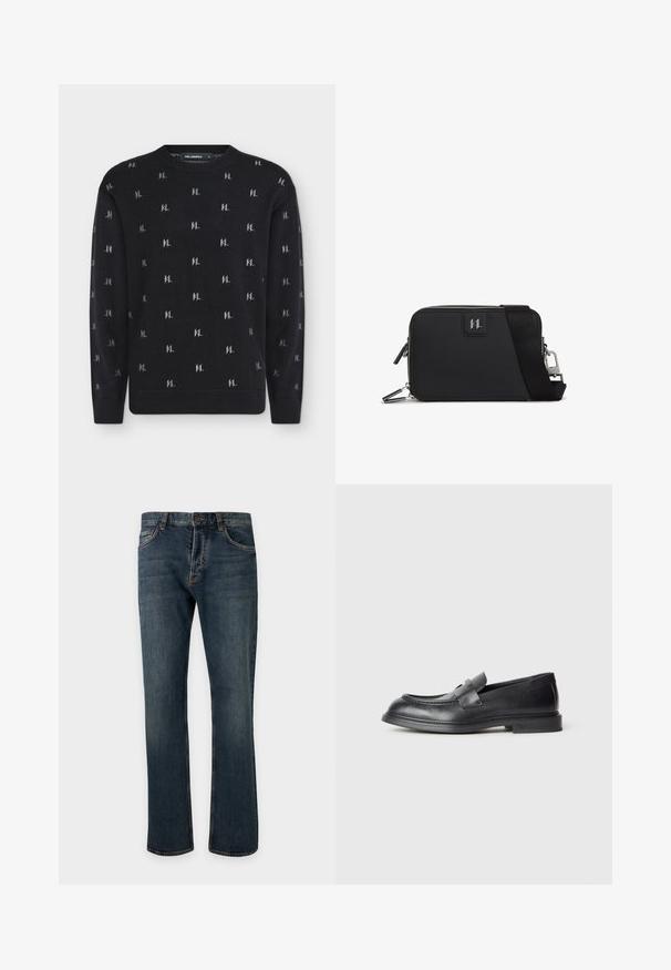 Pull en maille noir avec petits motifs répétitifs du logo « KL » gris clair, poignets, ourlet et encolure ronde côtelés.; Jean denim bleu foncé coupe droite avec bouton et fermeture éclair à l'avant, passants de ceinture et poches avant visibles sur un fond clair uni.; Mocassins en cuir noir avec une finition texturée, dotés d'une bride décorative à l'avant et d'un bout arrondi. Semelle en caoutchouc pour plus de durabilité.; Sac rectangulaire noir en matériau texturé, doté d'une fermeture éclair, d'une bandoulière réglable et d'un patch logo à l'avant.