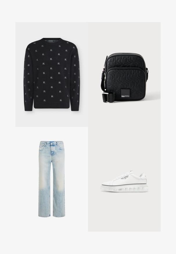Pull en maille noir avec petits motifs répétitifs du logo « KL » gris clair, poignets, ourlet et encolure ronde côtelés.; Jean droit bleu clair avec délavage, fermeture avant par bouton et fermeture éclair, et design à cinq poches.; Baskets blanches Karl Lagerfeld avec logo texte noir et semelle épaisse transparente sur un fond clair uni.; Sac bandoulière noir texturé avec motif embossé, poche avant zippée, sangle réglable et plaque logo "Karl Lagerfeld Jeans".