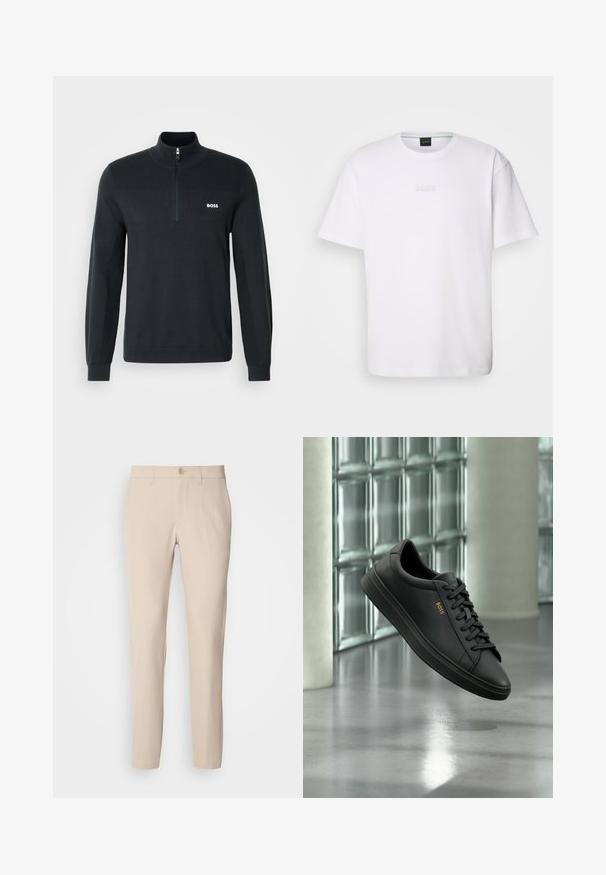 Sudadera negra con cremallera en el cuello, hecha de una tela suave, con una textura acanalada en la parte superior y un pequeño logo blanco en el pecho.; Camiseta de algodón blanca de manga corta, con escote redondo y logotipo grabado de "BOSS" en el pecho. Textura suave, ajuste estándar.; Pantalones beige hechos de una tela suave, con cierre de botón, corte recto y bolsillos laterales. Textura suave con detalles de costura mínimos.; Zapatilla baja de piel negra con cordones negros y logo dorado BOSS en el lateral, flotando sobre un suelo gris brillante en un espacio interior moderno.