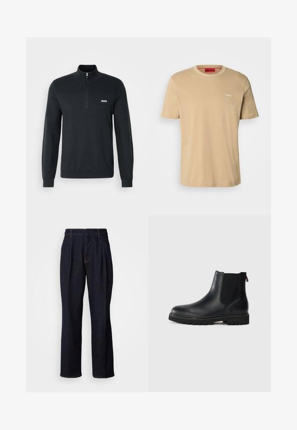 Sweat-shirt noir à col zippé, fabriqué en tissu doux, avec une texture côtelée sur la partie supérieure et un petit logo blanc sur la poitrine.; T-shirt en coton beige avec un col rond, des manches courtes et un petit logo blanc "HUGO" sur la poitrine. Texture lisse sans motifs.; Jean en denim large à jambes bleues foncées avec des plis devant et des coutures orange, présenté sur fond blanc.; Bottine noire en cuir avec des panneaux latéraux en élastique, bout rond et semelle en caoutchouc robuste avec de profonds crampons pour une meilleure adhérence.