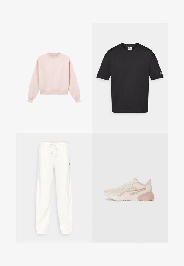 Sweatshirt rose clair avec un col et des poignets côtelés, doté d'une coupe légèrement raccourcie et d'un petit logo sur la poitrine. Les tissus semblent lisses.; T-shirt en coton noir avec un col rond, des manches courtes et un petit logo brodé sur la poitrine et la manche. Texture lisse, coupe décontractée.; Pantalon de survêtement blanc avec taille élastiquée et cordon de serrage ajustable. Poches latérales et petite étiquette logo sur la cuisse gauche.; Baskets légères avec un design beige et rose pâle, tige en maille, semelle rembourrée et accents de logo discrets sur le côté.
