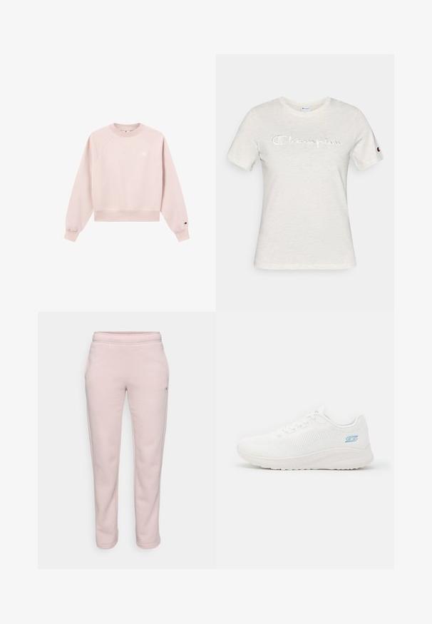 Sweatshirt rose clair avec un col et des poignets côtelés, doté d'une coupe légèrement raccourcie et d'un petit logo sur la poitrine. Les tissus semblent lisses.; T-shirt en coton blanc avec manches courtes, col rond, et logo "Champion" brodé en texture contrastée sur le devant.; Pantalons de survêtement rose clair en tissu doux, avec une coupe décontractée, une taille élastique et des poches latérales. Aucun motif ni élément visible.; Baskets blanches en cuir avec tige en mesh respirant, design texturé, devant à lacets, et semelle en caoutchouc flexible avec un léger talon.