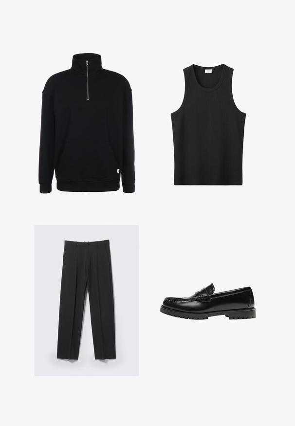 Schwarzer Sweatshirt mit Zip-Kragen, langen Ärmeln, weicher Textur, einer Fronttasche und einem kleinen grünen Logo am Saum.; Schwarzes geripptes ärmelloses Top mit rundem Ausschnitt, entworfen für den Freizeitgebrauch.; Schwarze, maßgeschneiderte Hose mit vorderen Falten, Seitentaschen, Gürtelschlaufen und Knopfverschluss am Bund vor hellem Hintergrund.; Schwarzer Leder-Slipper mit dicker Gummisohle und klassischem Penny-Detail an der Riemen, von der Außenseite gezeigt.