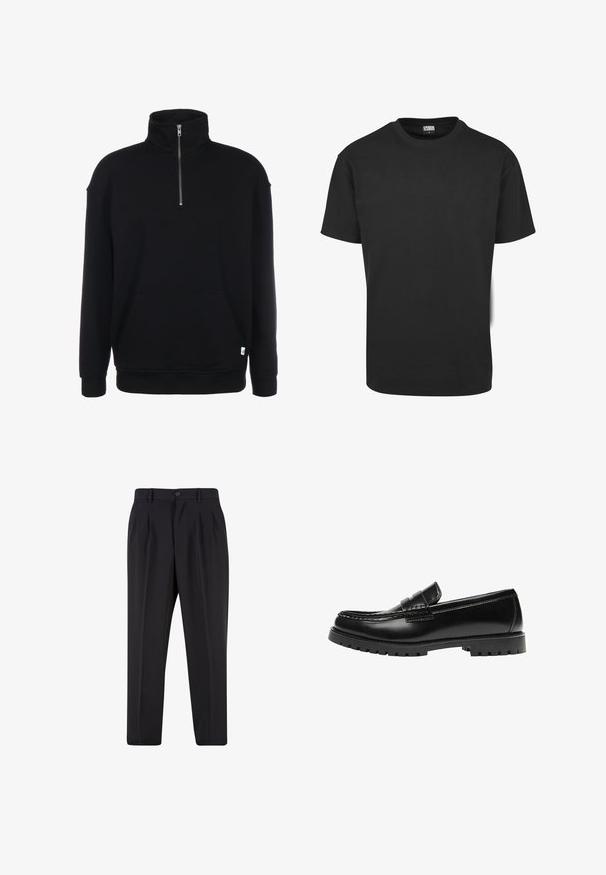 Schwarzer Sweatshirt mit Zip-Kragen, langen Ärmeln, weicher Textur, einer Fronttasche und einem kleinen grünen Logo am Saum.; Schwarzes Baumwoll-T-Shirt mit kurzen Ärmeln, rundem Ausschnitt und normaler Passform. Der Stoff wirkt glatt und unverziert.; Schwarze, maßgeschneiderte Hose mit vorderen Bundfalten, Gürtelschlaufen und Knopfverschluss an der Taille.; Schwarzer Leder-Slipper mit dicker Gummisohle und klassischem Penny-Detail an der Riemen, von der Außenseite gezeigt.