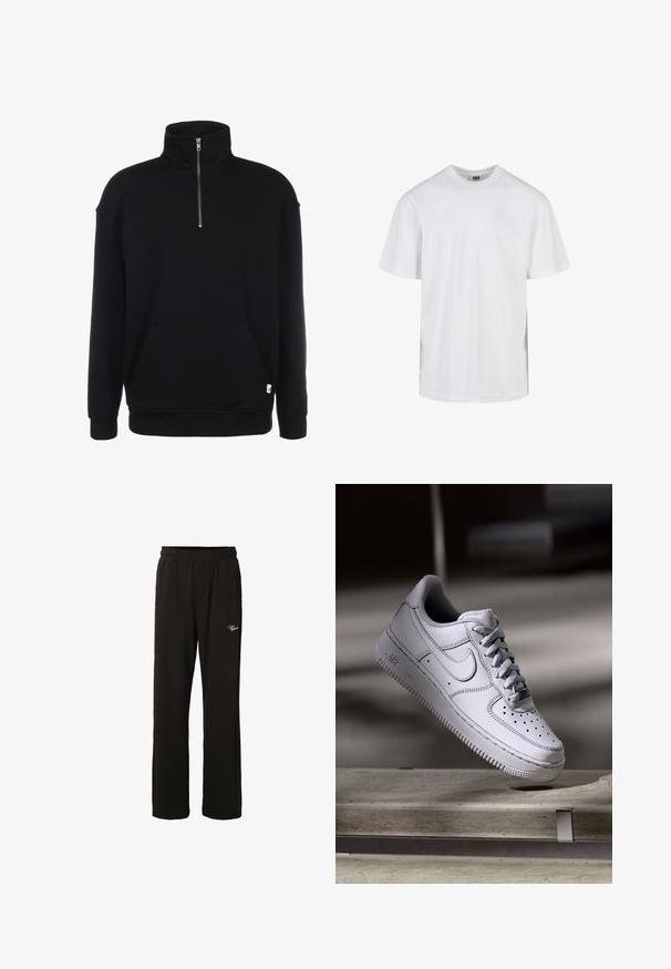 Schwarzer Sweatshirt mit Zip-Kragen, langen Ärmeln, weicher Textur, einer Fronttasche und einem kleinen grünen Logo am Saum.; Schlichtes weißes T-Shirt mit kurzen Ärmeln und Rundhalsausschnitt in entspannter Passform, vor weißem Hintergrund dargestellt.; Schwarze Sweatpants mit geradem Bein, elastischem Bund und kleinem weißen "Regalo"-Logo auf dem oberen Oberschenkel.; Weißer Nike Air Force 1 Sneaker aus Leder mit perforierter Zehenpartie, flachen Schnürsenkeln und strukturierter Gummisohle mit "AIR"-Branding an der Seite.