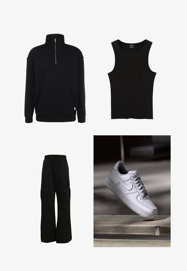 Zwarte sweatshirt met rits en lange mouwen, zachte textuur, een voorzak en een klein groen logo aan de onderrand.; Zwarte geribbelde tanktop met een ronde halslijn en wijde armsgaten, gemaakt van een zachte, rekbare stof. Label: Pull&Bear.; Zwarte cargobroek met een elastische tailleband, een brede beenontwerp en grote zijzakken voor functionaliteit en comfort. Glad textuur.; Witte Nike Air Force 1 sneaker van leer met geperforeerde neus, platte veters en een gestructureerde rubberen zool met "AIR"-logo aan de zijkant.
