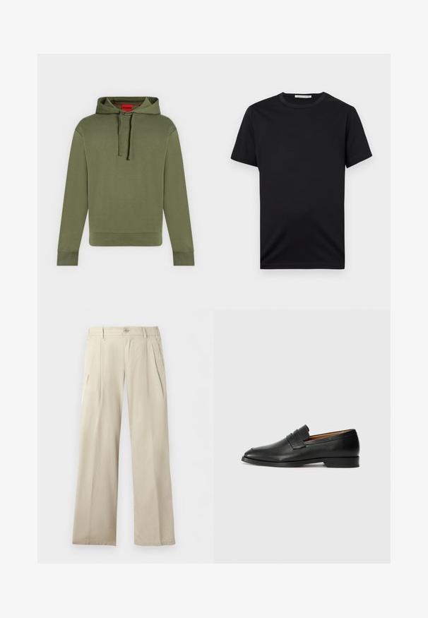 Sweat à capuche vert olive avec cordons, manches longues, poignets et ourlet côtelés, et une étiquette rouge visible à l'intérieur du col avec la marque "HUGO".; T-shirt noir à manches courtes avec col rond, design uni, étiquette « Tiger of Sweden » à l'intérieur du col.; Pantalon large beige avec plis, passants pour ceinture, poches latérales et fermeture boutonnée à la taille.; Mocassin en cuir noir avec un bout arrondi, des coutures subtiles et un talon bas, présentant une texture lisse et un design minimaliste.