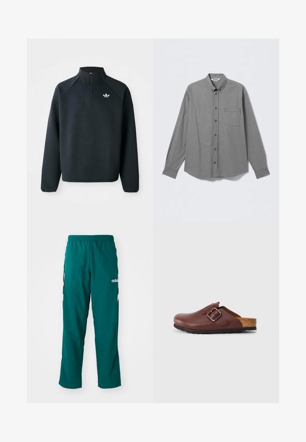 Schwarzer Quarter-Zip-Sweatshirt aus weichem Material, mit Raglanärmeln und einem weißen Logo auf der Brust. Die Bündchen sind elastisch.; Schwarz-weiß kariertes Hemd mit langen Ärmeln, Knopfleiste, Kragen und Brusttasche, flach auf hellem Hintergrund ausgelegt.; Grüne Sporthose aus leichtem Material, mit elastischem Bund, seitlichen Taschen und weißem Adidas-Logo auf der linken Seite.; Braune Lederclogs mit strukturierter Oberfläche, verstellbarem Schnallenverschluss und Korkakzent auf der Rückseite. Gummisohle für Rutschfestigkeit und Haltbarkeit.