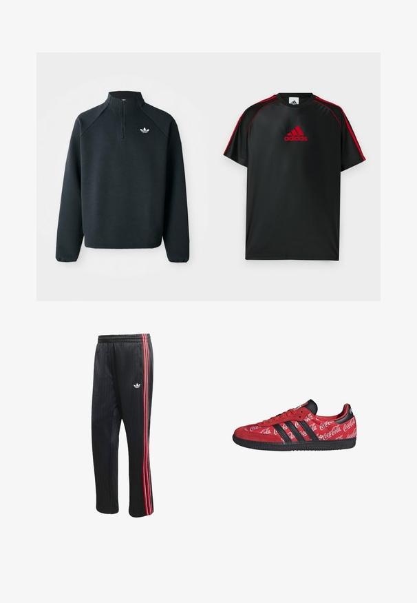 Sort quarter-zip sweatshirt lavet af blødt stof, med raglanærmer og hvidt logo på brystet. Manchetterne er elastiske.; Sort atletisk t-shirt med røde detaljer og logo. Fremstillet af glat, let stof. Har rund hals og korte ærmer.; Sorte træningsbukser med lodret ribbet tekstur, der har røde og hvide sidelommer og en lille hvid logo på venstre ben.; Rød Adidas sneaker med sorte striber og sål, med hvide Coca-Cola logoer over hele den stof øverste del.