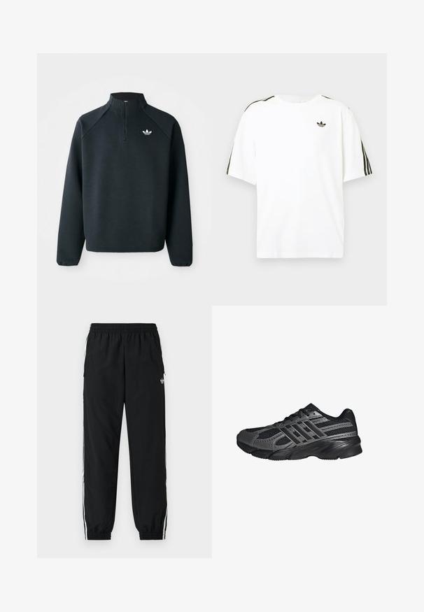 Sort quarter-zip sweatshirt lavet af blødt stof, med raglanærmer og hvidt logo på brystet. Manchetterne er elastiske.; Hvid bomuld t-shirt med korte ærmer, prydet med sorte tre-stribede detaljer på skuldrene og et lille sort logo på brystet.; Sorte atletikbukser med elastik i taljen og samlede manchetter. Har hvide sidelister og et lille logo foran til venstre.; Sorte træningssko lavet af mesh og syntetiske materialer, med en tekstureret overflade, flere grå striber og en polstret krave.