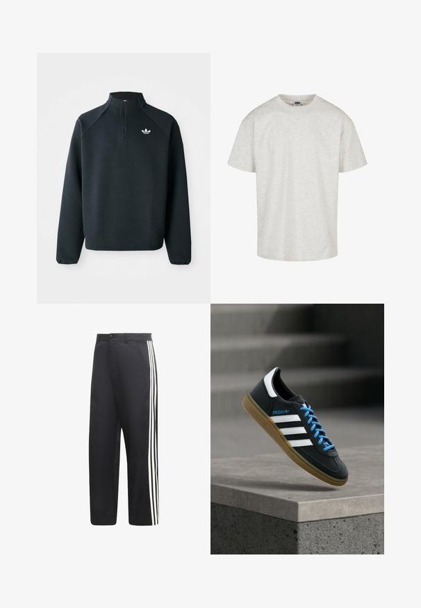 Sudadera negra con cremallera en el cuello hecha de tela suave, con mangas raglán y logo blanco en el pecho. Los puños son elásticos.; Camiseta de algodón gris claro con mangas cortas, cuello redondo y un ajuste relajado. Tejido texturizado con un sutil patrón jaspeado.; Pantalones negros con corte de pierna recta y tres rayas verticales blancas que recorren los costados exteriores de cada pierna.; Zapatilla negra Adidas con franjas blancas, cordones azules y suela de goma flotando sobre un escalón de hormigón gris con luz suave.